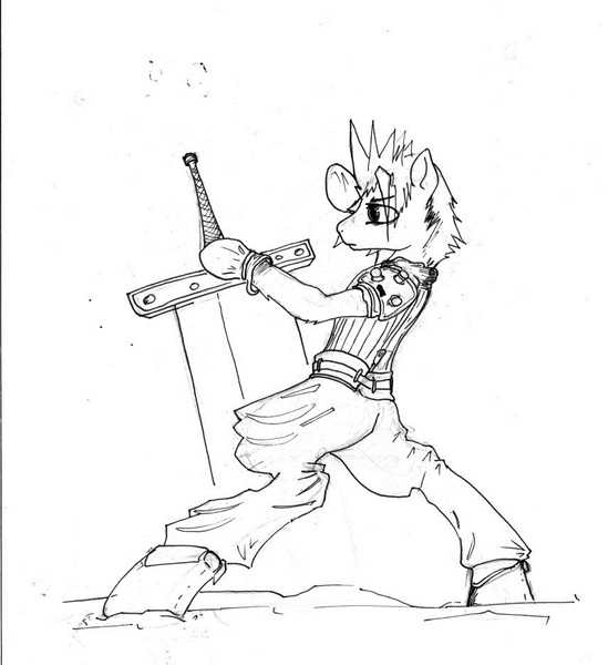 Size: 855x935 | Tagged: safe, artist:ravetuba, derpibooru import, ponified, pony, cloud strife, crossover, final fantasy, final fantasy vii, grayscale, monochrome, solo, sword, traditional art