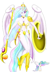 Size: 2505x3609 | Tagged: anthro, armor, artist:bludraconoid, belly button, big breasts, breasts, busty princess celestia, cleavage, derpibooru import, female, loincloth, princess celestia, shield, solo, solo female, staff, suggestive, sword