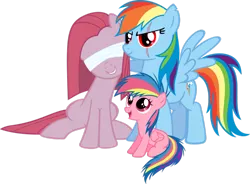 Size: 900x662 | Tagged: safe, artist:thebiancoangelo, derpibooru import, pinkie pie, rainbow dash, oc, pegasus, pony, fanfic:cupcakes, fanfic:rainbow factory, blind, blindfold, evil grin, family, female, lesbian, magical lesbian spawn, offspring, parent:pinkie pie, parent:rainbow dash, parents:pinkiedash, pinkamena diane pie, pinkiedash, rainbow factory dash, red eyes, scar, shipping, torn ear, xk-class end-of-the-world scenario