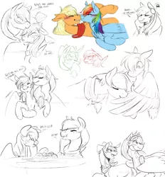 Size: 1200x1292 | Tagged: safe, artist:the-chibster, derpibooru import, applejack, rainbow dash, appledash, blushing, boop, eating, eyes closed, female, floppy ears, grin, lesbian, looking back, noseboop, nuzzling, on back, open mouth, preening, shipping, side, sketch, sketch dump, smiling, snorting, spaghetti, wide eyes, wink