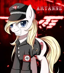 Size: 1409x1605 | Tagged: 4chan, armband, artist:aryanne, artist:randy, chest fluff, clothes, derpibooru import, ear fluff, eye lashes, female, happy, hat, looking at you, love, /mlp/, /mlpol/, nazi, necktie, oc, oc:aryanne, pose, safe, smiling, solo, suit, swastika, team captain, uniform, unofficial characters only