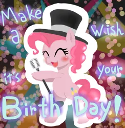Size: 1000x1026 | Tagged: :3, artist:doubt, bipedal, blushing, cute, derpibooru import, diapinkes, eyes closed, hat, make a wish, microphone, open mouth, pinkie pie, pinkie pride, safe, smiling, solo, top hat