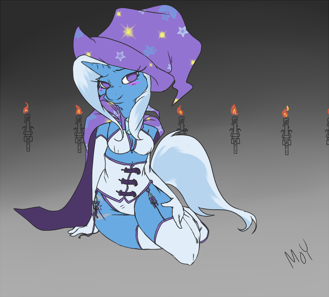 Size: 950x858 | Tagged: suggestive, artist:choowoo, derpibooru import, trixie, anthro, unicorn, bedroom eyes, blushing, boots, bra, breasts, candle, cape, clothes, corset, evening gloves, female, garter belt, garters, gloves, hat, kneeling, looking at you, mare, panties, smiling, solo, solo female, sultry pose, thigh highs, trixie's cape, trixie's hat, underwear