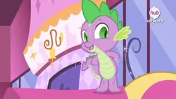 Size: 1106x622 | Tagged: carousel boutique, derpibooru import, hub logo, inspiration manifestation, magic, official, promo, safe, screencap, solo, spike, the hub