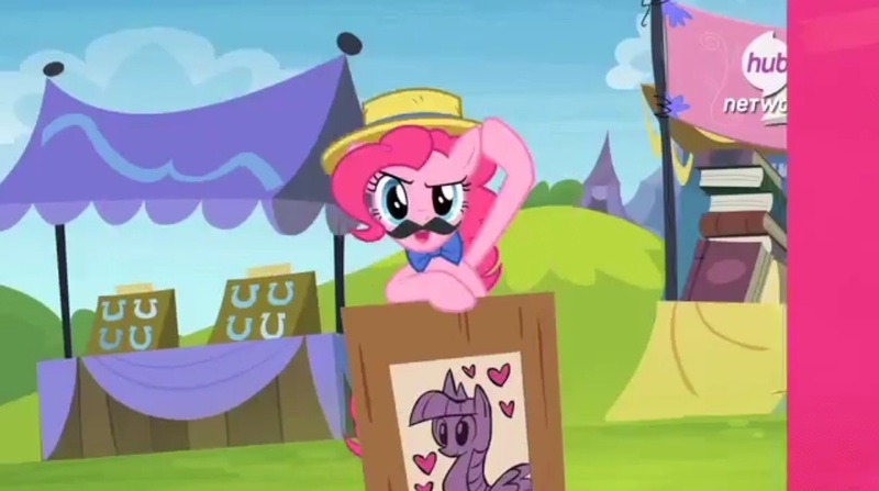 Size: 1192x666 | Tagged: safe, derpibooru import, official, screencap, pinkie pie, twilight sparkle, twilight sparkle (alicorn), alicorn, pony, trade ya, boater, boater hat, bowtie, fair, fake moustache, female, hat, hub logo, mare, promo, solo, the hub