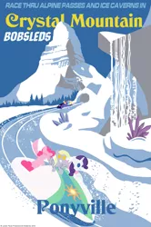 Size: 861x1297 | Tagged: safe, artist:avastindy, derpibooru import, applejack, derpy hooves, fluttershy, pinkie pie, princess celestia, princess luna, rainbow dash, rarity, twilight sparkle, pegasus, pony, blackletter, bobsled, crystal, disneyland, female, mane six, mare, matterhorn, parody, poster, snow, waterfall