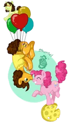 Size: 682x1171 | Tagged: safe, artist:shion561, derpibooru import, cheese sandwich, pinkie pie, balancing, balloon, boop, cheese, cheesepie, eating, eyes closed, female, grin, male, nose wrinkle, noseboop, raised hoof, raised leg, sandwich, shipping, smiling, straight, suspended, upside down