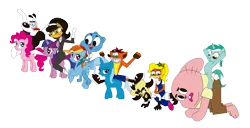 Size: 5078x2603 | Tagged: artist:conikiblasu-fan, coco bandicoot, crash bandicoot, crossover, derpibooru import, doctor neo cortex, kitty katswell, lyra heartstrings, nicole watterson, pinkie pie, rainbow dash, riding, safe, the amazing world of gumball, trixie, tuff puppy, twilight sparkle, wat