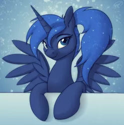 Size: 1978x2000 | Tagged: safe, artist:skipsy, derpibooru import, princess luna, alicorn, pony, alternate hairstyle, bust, cute, female, leaning, looking at you, lunabetes, mare, missing accessory, paint tool sai, ponytail, portrait, smiling, solo, spread wings, wings