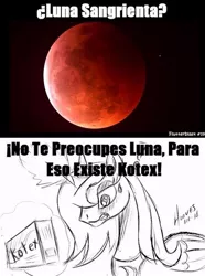 Size: 537x720 | Tagged: artist:doctorhooves, artist needed, blood moon, comic, derpibooru import, eclipse, kotex, lunar eclipse, menstruation, princess luna, pun, sanitary pad, spanish, suggestive