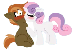 Size: 695x487 | Tagged: safe, artist:kiananuva12, derpibooru import, button mash, sweetie belle, earth pony, pony, unicorn, blushing, eyes closed, female, heart pounding, heartbeat, hoof on chest, kissing, male, shipping, straight, sweetiemash