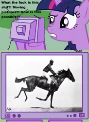 Size: 562x769 | Tagged: derpibooru import, exploitable meme, meme, moving pictures, obligatory pony, safe, sallie gardner at a gallop, tv meme, twilight sparkle, vulgar