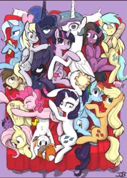 Size: 647x907 | Tagged: safe, artist:johnjoseco, artist:thepolymath, derpibooru import, applejack, derpy hooves, fluttershy, pinkie pie, princess celestia, princess luna, rainbow dash, rarity, sunshower raindrops, trixie, twilight sparkle, twilight sparkle (alicorn), oc, oc:belle eve, oc:calpain, oc:gem, ponified, alicorn, pony, princess molestia, appledash, banana, bed, belle eve, bisexual, bread, butthug, calpain, female, flutterpie, happy, hug, imminent kissing, lesbian, male, mane six, mare, memj0123, ray gun, rubber duck, scrunchy face, shipping, straight, twilestia