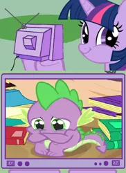 Size: 562x771 | Tagged: safe, derpibooru import, spike, twilight sparkle, crying, exploitable meme, meme, obligatory pony, spikeabuse, tv meme, twiface