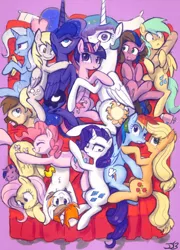 Size: 647x901 | Tagged: safe, artist:johnjoseco, artist:thepolymath, derpibooru import, edit, applejack, derpy hooves, fluttershy, pinkie pie, princess celestia, princess luna, rainbow dash, rarity, sunshower raindrops, trixie, twilight sparkle, twilight sparkle (alicorn), oc, oc:belle eve, oc:calpain, oc:gem, ponified, alicorn, pony, ask princess molestia, princess molestia, :<, :o, appledash, banana, bed, belle eve, blushing, boop, bread, butt bump, butt to butt, butt touch, butthug, c:, calpain, chest fluff, chubbie, colored, cross-eyed, divine, everypony, eyes closed, faceful of ass, female, flutterpie, frown, group hug, happy, hug, lesbian, looking at you, mane six, mare, memj0123, nuzzling, omniship, on back, open mouth, party, pillow, plot, pony pile, raygun, rubber duck, scrunchy face, shipping, side, smiling, snuggling, twilestia, unamused, wide eyes