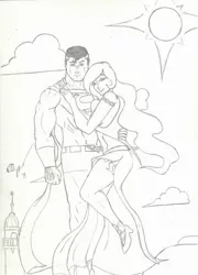 Size: 759x1052 | Tagged: artist:flanaganisking, crossover, crossover shipping, derpibooru import, female, flying, human, humanized, male, midriff, monochrome, princess celestia, safe, straight, supelestia, superman, the crack otp to end all crack otps, traditional art