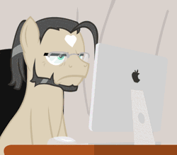 Size: 500x440 | Tagged: safe, artist:aha-mccoy, derpibooru import, oc, oc:aha mclovin, oc:ross mclovin, unofficial characters only, earth pony, pegasus, pony, animated, computer, glasses, grandfather and grandchild, male, stallion