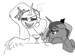 Size: 1280x955 | Tagged: artist:defective, derpibooru import, drunk, drunklestia, drunk luna, monochrome, princess celestia, princess luna, safe