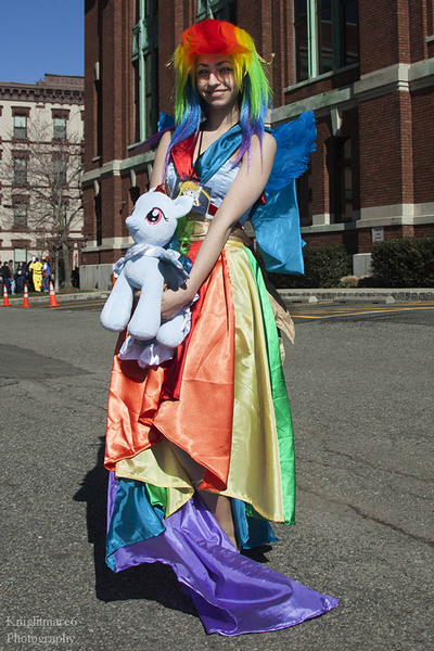 Size: 618x927 | Tagged: 2014, artist needed, castle point anime convention, clothes, convention, cosplay, derpibooru import, dress, gala dress, human, irl, irl human, photo, plushie, rainbow dash, safe, solo