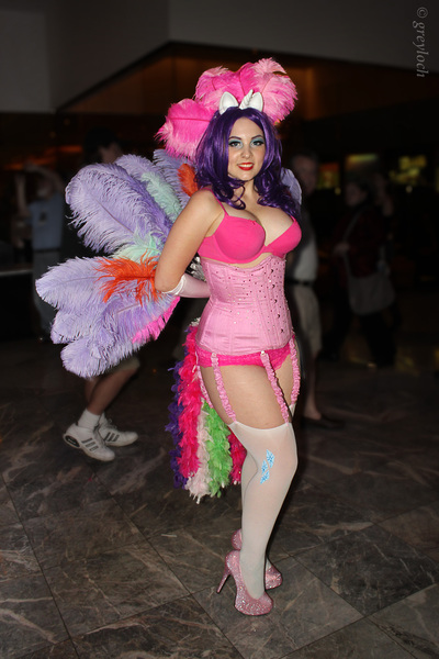 Size: 2400x3600 | Tagged: 2013, artist:pinkhair-bluebox, bra, burlesque, clothes, convention, cosplay, derpibooru import, dragoncon, dragoncon 2013, garter belt, glimmer wings, high heels, human, irl, irl human, photo, rarity, safe, solo, underwear