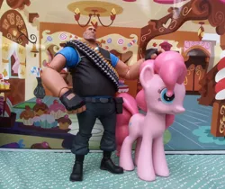 Size: 1000x841 | Tagged: safe, artist:texasuberalles, derpibooru import, pinkie pie, earth pony, human, pony, duo, funko, heavy, heavy weapons guy, irl, neca, photo, sugarcube corner, team fortress 2, toy