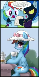 Size: 571x1107 | Tagged: artist:johnjoseco, artist:madmax, awkward, awkward moment, blackmail, blushing, caught, clothes, comic, costume, dash's little secret, dressup, embarrassed, exploitable meme, fancy, hat, meme, nightshade, rainbow dash, rainbow dash always dresses in style, safe, shadowbolts, shadowbolts costume, sun hat, tea, tea party