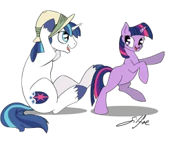 Size: 3000x2500 | Tagged: safe, artist:silfoe, derpibooru import, shining armor, twilight sparkle, pony, unicorn, bipedal, blank flank, brother and sister, cute, duo, duo male and female, eye contact, female, filly, filly twilight sparkle, foal, hat, looking at each other, male, open mouth, pith helmet, pointing, rearing, shadow, shining adorable, siblings, signature, silfoe is trying to murder us, simple background, sitting, smiling, teen shining armor, teenager, transparent background, twiabetes, unicorn twilight
