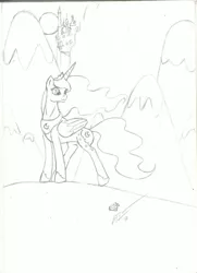 Size: 761x1050 | Tagged: artist:flanaganisking, canterlot, content, derpibooru import, monochrome, princess luna, safe, solo, traditional art