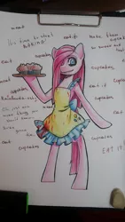 Size: 720x1280 | Tagged: apron, artist:suelix, blood, clothes, derpibooru import, fanfic:cupcakes, gore, grimdark, grin, pinkamena diane pie, pinkie pie, solo, traditional art