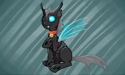 Size: 512x308 | Tagged: safe, artist:wingedwolf94, deleted from derpibooru, derpibooru import, oc, oc:kuno, unofficial characters only, changeling, bell, bell collar, changeling oc, collar, smiling, solo, wink