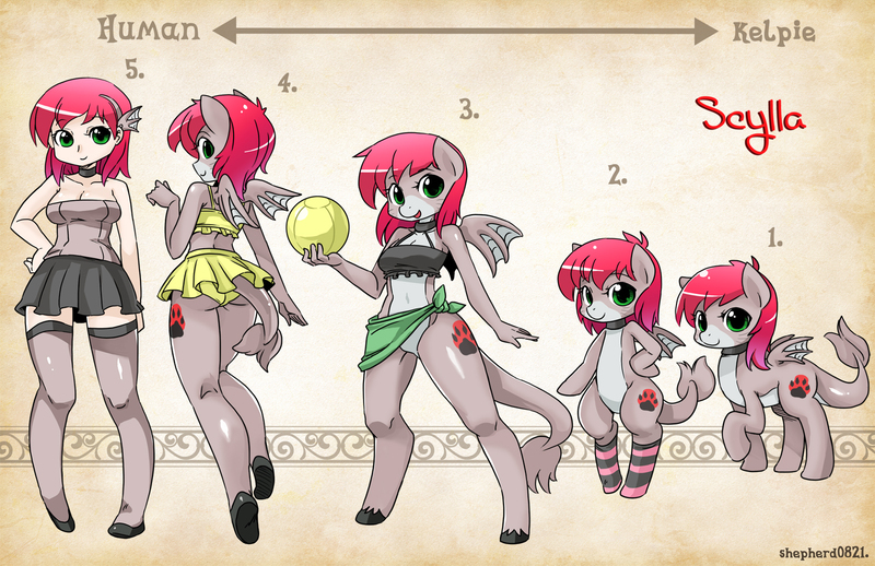Size: 1600x1035 | Tagged: suggestive, artist:shepherd0821, derpibooru import, oc, oc:scylla, unofficial characters only, anthro, human, kelpie, original species, pony, shark, shark pony, unguligrade anthro, anthro chart, anthro with ponies, belly button, bipedal, breasts, cleavage, clothes, female, humanized, midriff, skirt