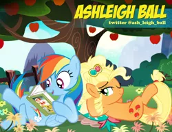 Size: 900x695 | Tagged: safe, artist:pixelkitties, derpibooru import, applejack, daring do, rainbow dash, earth pony, pony, alternate hairstyle, apple, applejewel, ashleigh ball, clothes, crossed legs, dress, duo, happy, lying down, on back, pixelkitties' brilliant autograph media artwork, reading