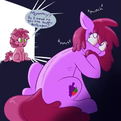 Size: 675x675 | Tagged: artist:skoon, ask, ask berry punch, berry punch, berryshine, caught, dark, derpibooru import, dialogue, door, nom, open mouth, ruby pinch, safe, tumblr, wide eyes, worried