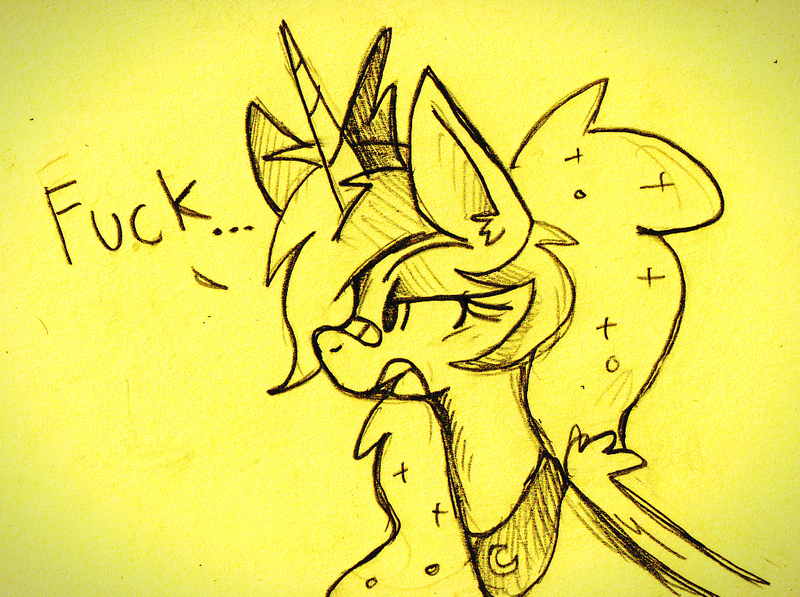 Size: 1120x836 | Tagged: artist:wirelesspony, bandaid, cute, derpibooru import, frown, fuck, monochrome, one word, open mouth, princess luna, safe, sketch, solo, unamused, vuldorable, vulgar