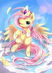 Size: 990x1400 | Tagged: safe, artist:aymint, derpibooru import, fluttershy, pegasus, pony, testing testing 1-2-3, blushing, clothes, costume, cute, fake horn, feather, female, mare, one eye closed, pixiv, shyabetes, shylestia, smiling, solo, wink