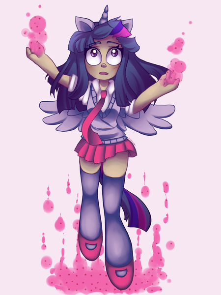 Size: 1280x1707 | Tagged: artist:kuriwuri, clothes, derpibooru import, eared humanization, horned humanization, human, humanized, magic, mary janes, safe, skirt, solo, sweater vest, tailed humanization, thigh highs, twilight sparkle, twilight sparkle (alicorn), winged humanization