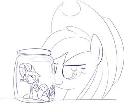 Size: 793x667 | Tagged: applejack, artist:mcsadat, crying, derpibooru import, grayscale, jar, micro, monochrome, pony in a bottle, rarity, safe, tiny ponies