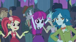 Size: 1366x762 | Tagged: safe, derpibooru import, screencap, captain planet, mystery mint, rose heart, scott green, sweet leaf, teddy t. touchdown, tennis match, equestria girls, rainbow rocks, shake your tail, background human, cute, dancing, fall formal outfits, female, happy, male, mysterybetes, offscreen character