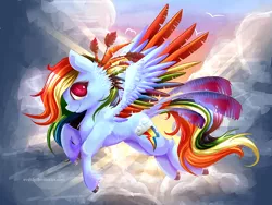 Size: 1200x900 | Tagged: artist:evehly, backlighting, colored wings, derpibooru import, flying, multicolored wings, rainbow dash, rainbow wings, safe, solo, unshorn fetlocks