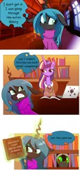 Size: 1280x2724 | Tagged: safe, artist:jokerpony, derpibooru import, king sombra, queen chrysalis, twilight sparkle, twilight sparkle (alicorn), alicorn, pony, ask teen chrysalis, book, clothes, comic, female, library, magic, mare, sweater, telekinesis, tumblr, turtleneck