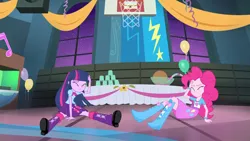 Size: 1440x810 | Tagged: safe, derpibooru import, screencap, pinkie pie, twilight sparkle, equestria girls, rainbow rocks, balloon, basketball, boots, bracelet, clothes, cup, flower, high heel boots, jewelry, punch (drink), punch bowl, skirt, table
