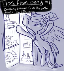 Size: 1280x1417 | Tagged: safe, artist:nobody, derpibooru import, rainbow dash, bipedal leaning, drinking, eyes closed, malk, milk, monochrome, refrigerator, solo, spread wings