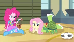 Size: 1440x810 | Tagged: safe, derpibooru import, screencap, fluttershy, pinkie pie, turtle, equestria girls, rainbow rocks, apc, balloon, boots, flower, football, hat, high heel boots, party hat, ukulele