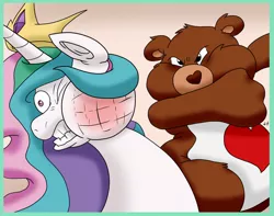 Size: 1280x1008 | Tagged: abuse, artist:virus-20, care bears, celestiabuse, crossover, derpibooru import, fight, princess celestia, punch, safe, tenderheart bear