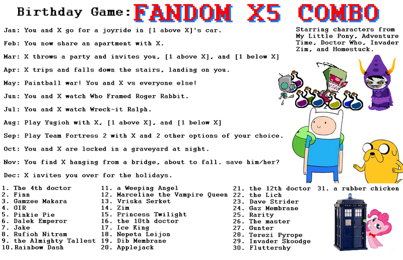 Size: 979x631 | Tagged: adventure time, almighty tallest, applejack, artist:smashfan666, birthday game, crossover, dalek emperor, dave strider, david tennant, derpibooru import, dib membrane, doctor who, exploitable meme, finn the human, fluttershy, gamzee makara, gaz membrane, gir, gunter (adventure time), homestuck, ice king, invader skoodge, invader zim, jake the dog, marceline, meme, nepeta leijon, peter capaldi, pinkie pie, rainbow dash, rarity, rufioh nitram, safe, team fortress 2, terezi pyrope, text, the doctor, the lich, the master, tom baker, twilight sparkle, twilight sparkle (alicorn), vriska serket, weeping angel, who framed roger rabbit, wreck-it ralph, yu-gi-oh!, zim