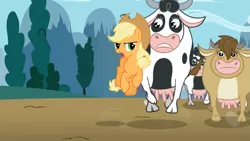 Size: 1365x768 | Tagged: safe, derpibooru import, screencap, applejack, bessie, cow, earth pony, pony, applebuck season, cloven hooves, cowboy hat, female, hat, holstein, mare, running, udder