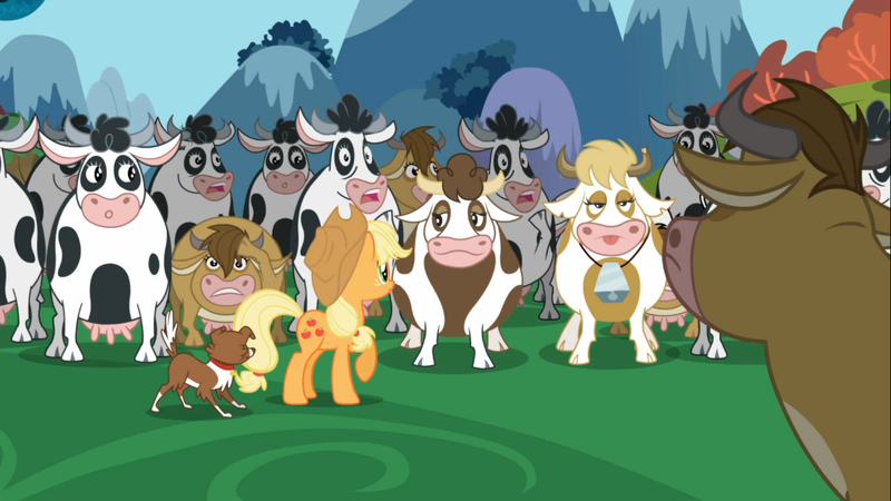 Size: 1366x768 | Tagged: safe, derpibooru import, screencap, applejack, bessie, daisy jo, mooriella, winona, cow, dog, earth pony, pony, applebuck season, bell, cloven hooves, cowbell, female, holstein, raised hoof, udder