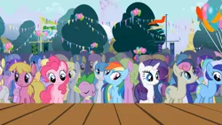 Size: 1365x768 | Tagged: safe, derpibooru import, screencap, amethyst star, bon bon, cherry berry, cloud kicker, daisy, derpy hooves, flower wishes, fluttershy, lemon hearts, lightning bolt, linky, minuette, parasol, pinkie pie, rainbow dash, rarity, shoeshine, spike, sunshower raindrops, sweetie drops, white lightning, pegasus, pony, applebuck season, background pony, background pony audience, female, mare