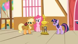 Size: 1365x768 | Tagged: applebuck season, applejack, balloon, derpibooru import, great moments in animation, pinkie pie, safe, screencap, trophy, twilight sparkle