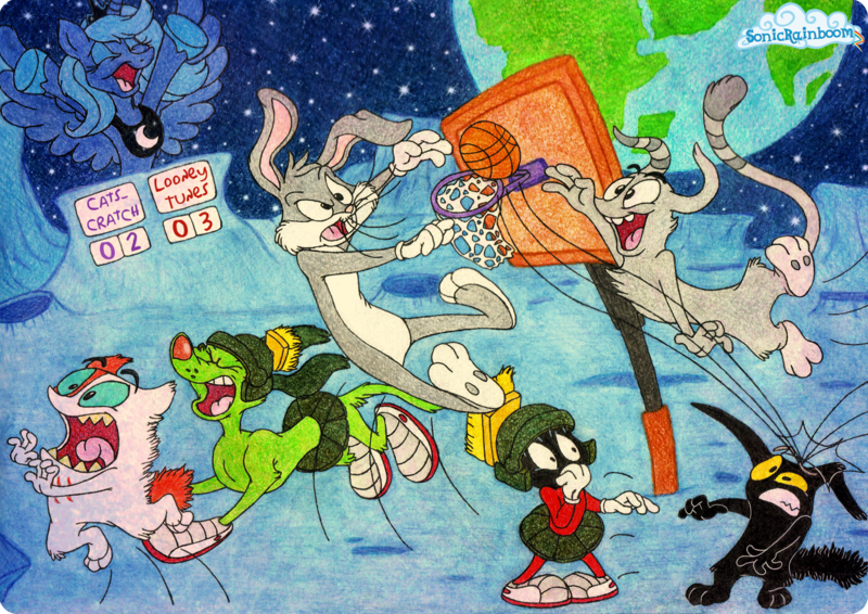 Size: 1414x1000 | Tagged: artist:sonicrainboomz, basketball, bugs bunny, catscratch, crossover, earth, gordon quid, k-9, looney tunes, marvin the martian, moon, mr. blik, princess luna, safe, space jam, traditional art, waffle